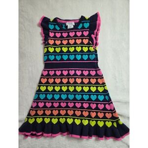 Miss Mona Mouse Girls Navy Blue Multi Neon Heart Knit Ruffle Sweater Dress Sz 6